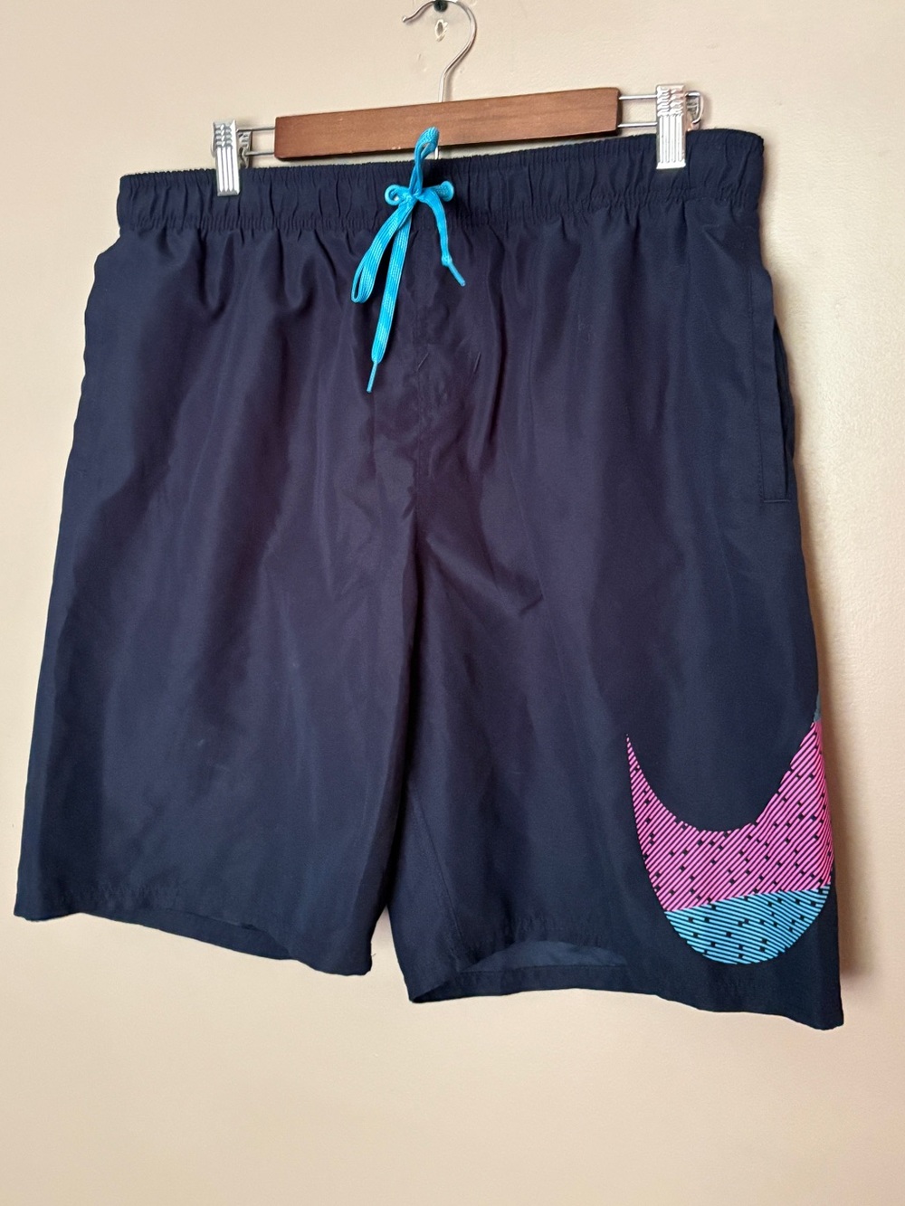 NIKE Mash up breaker swim trunks volley shorts blue pink swoosh beach sz  L EUC